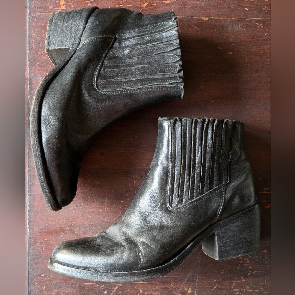 All Saints Black Leather Western Ankle Boots bootie 39 Women 8/8.5 Chunky Heel